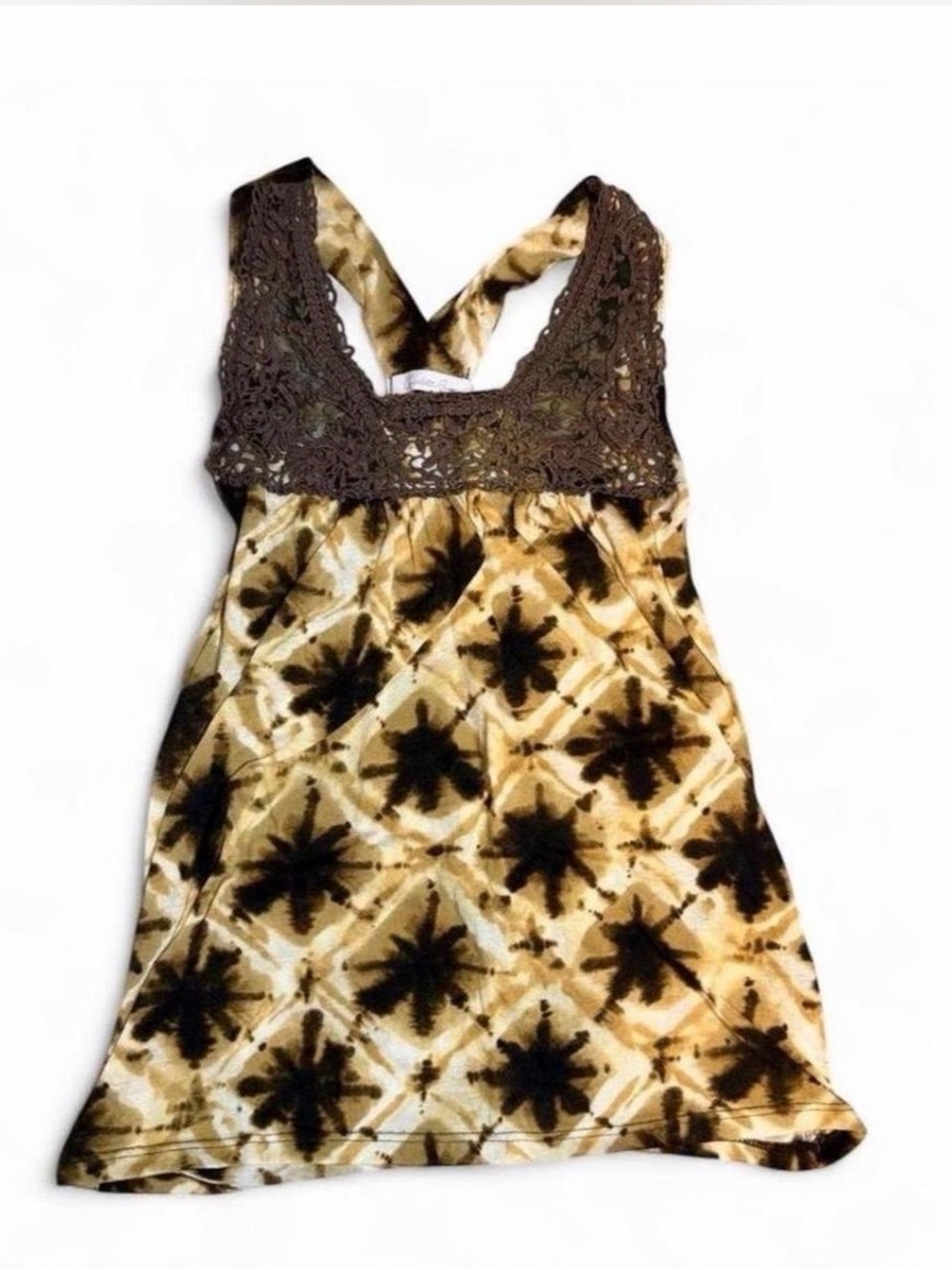 Tie-Dye Tank top with Crochet Yoke - Brown/Beige